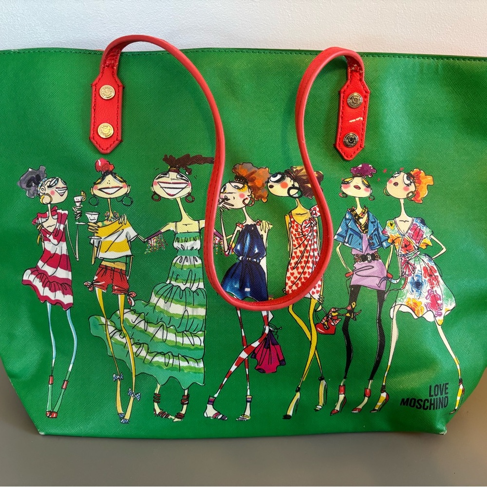 Love Moschino Green Tote Bag with Red Accents